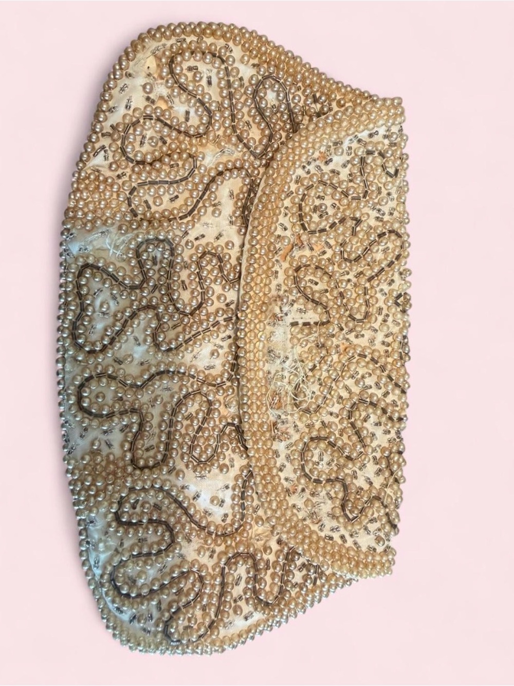 Vintage 1960s Pearl-Embellished Gold Evening Clutch